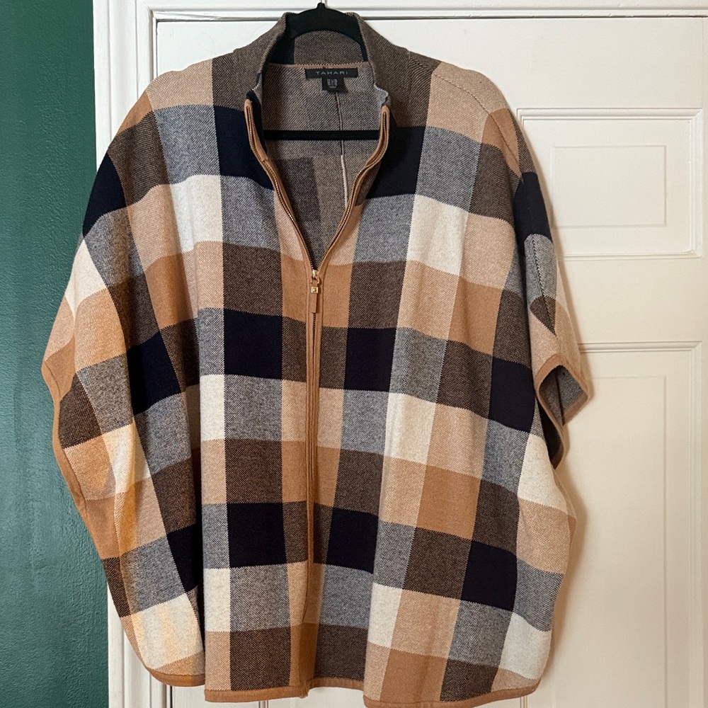 Tahari Zip-Up Plaid Poncho Sweater - Camel, Navy, Cream
